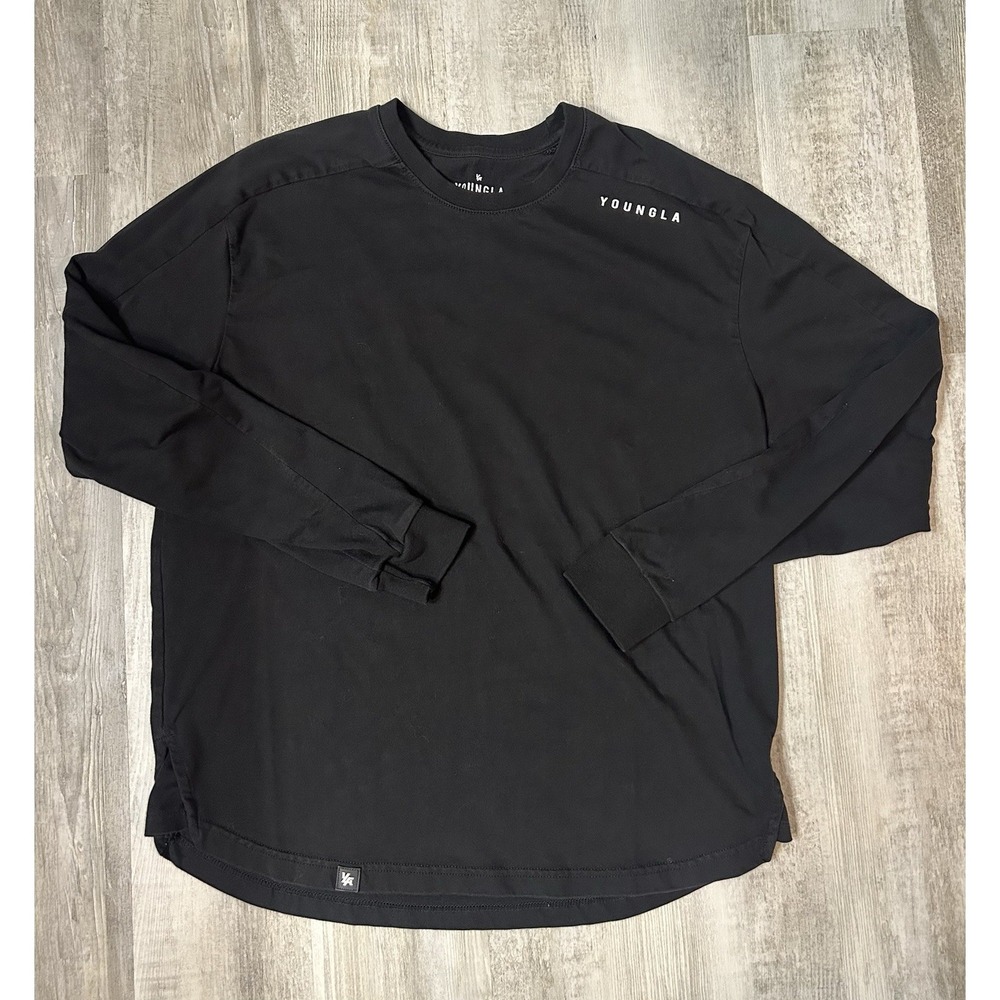 YoungLA Offset Curved Hem Long Sleeve Pullover Shirt Men Sz Medium Black